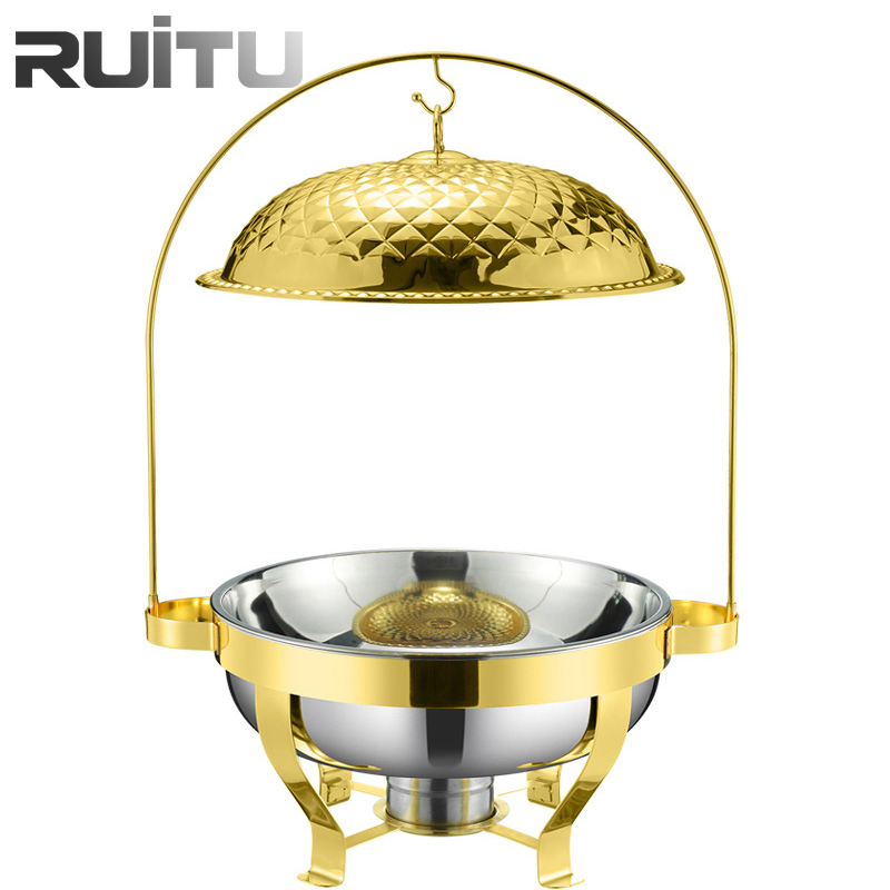 Buffetware Stoves restaurant Food Warmer Equipment High Quality Chaving Dish Gold Legs Silver Roll Top Round 6qt Cheap Economic Party Chafing Dishes for Sale