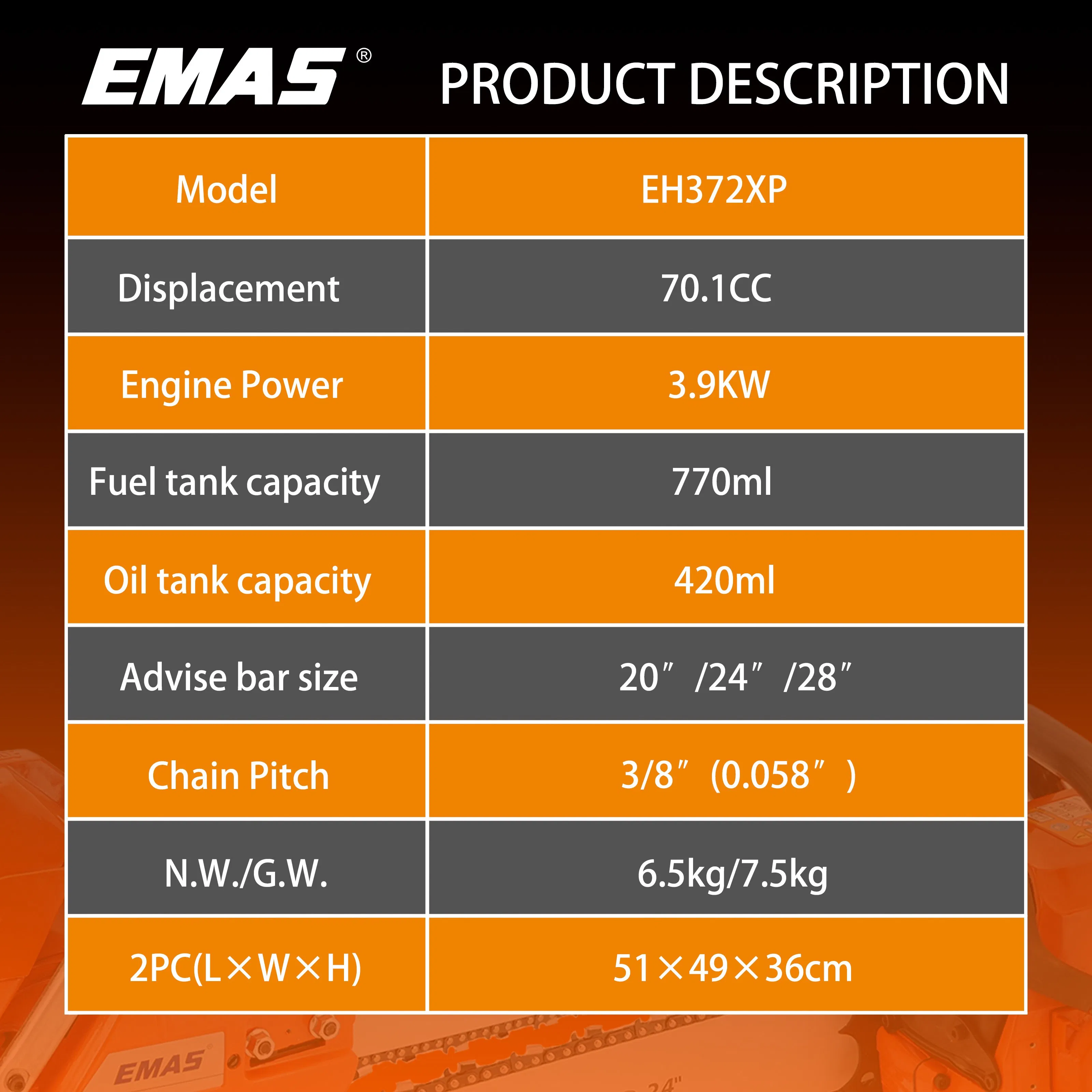 Emas Hot Sale Professional 65cc/72cc Petrol Chain Saw for Motosierra (365/372)