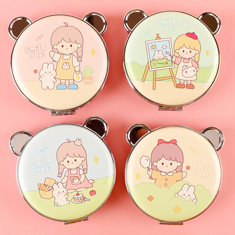 Customize Round Metal Sublimation Compact Mirror Cute Cartoon Lady Pocket Mirrors