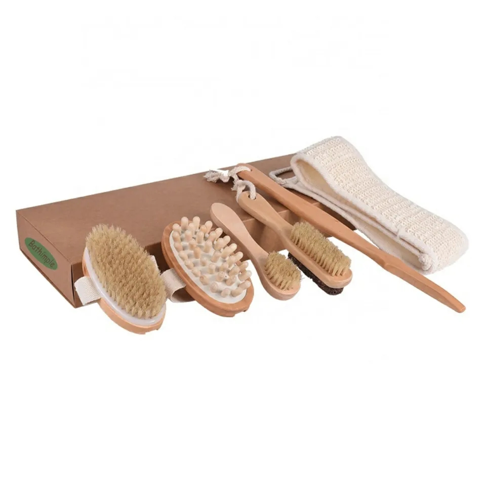 6PCS Set Hot Sell Natural Boar Bristle Long Handle or Handhold Set Detachable Design Massage Bath Brush for Body Care Brush