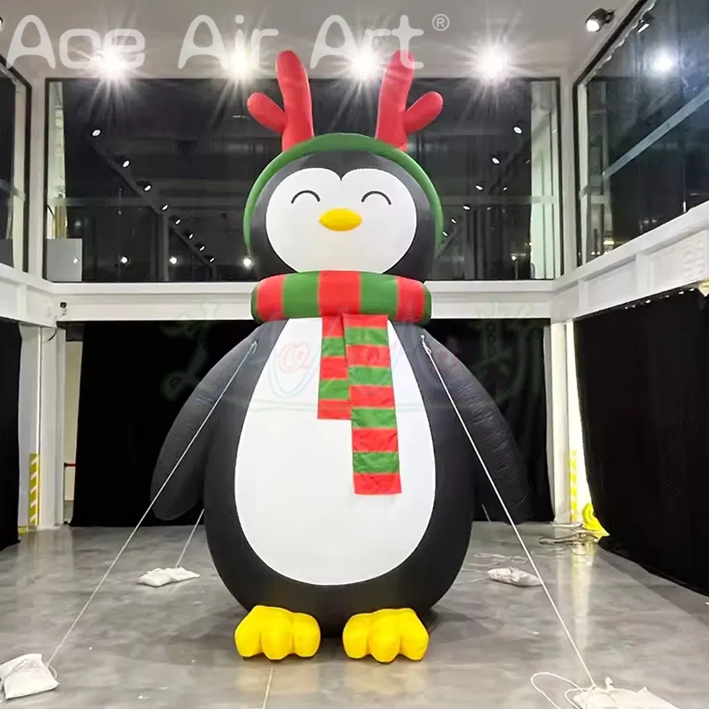 Giant Cute Inflatable Penguin with Christmas Scarf and Antler Headband for Holiday Decor