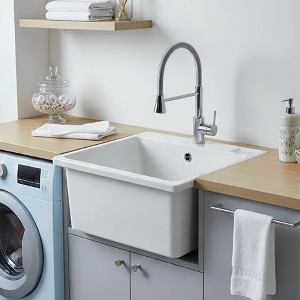 Sally White Acrylic 22X24.4X13.8" Utility Laundry Cabinet Vanity Basin Sink Washing Room