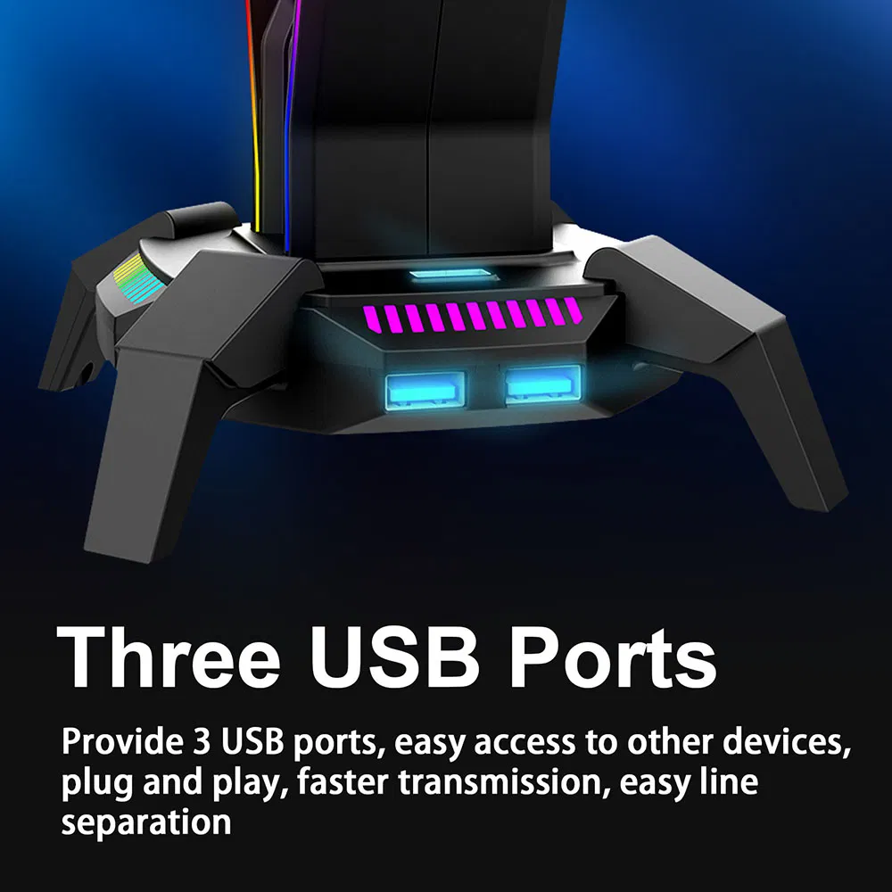 Hot Sale Custom 3 USB 3.0 Hub RGB Gaming Headset Stand Headphone Holder with Type-C 3.5mm Audio
