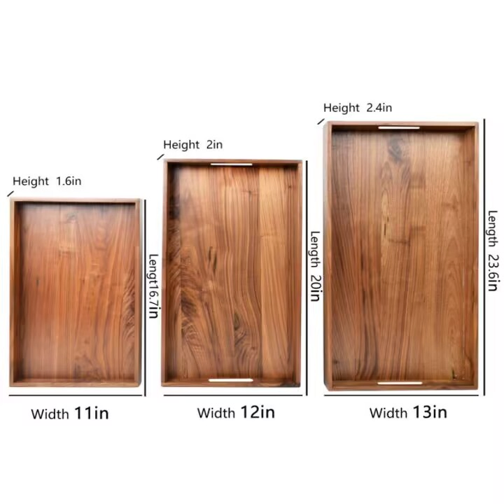 Wholesale Variety Rectangle Round Shape Acacia Wood Snack Drink Serving Tray for Bar