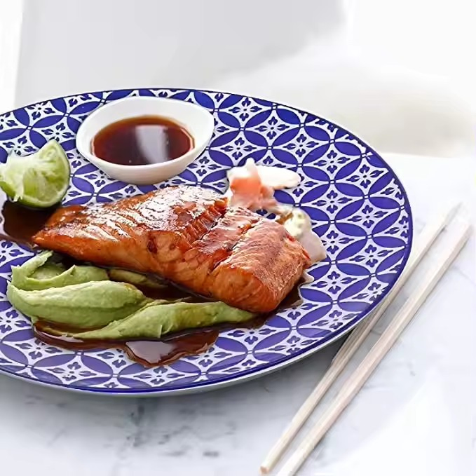 Stamp Decal Pad printing Eco-Friendly Healthy Children Multicolor Hot Selling Blue Ceramics Porcelain Tableware 10.5" Coup Moon Meat Dinner Plate