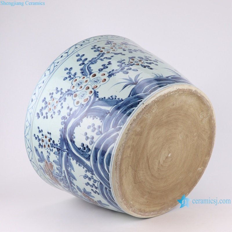 Blue and White Red Peony Plum Flower Ceramic Planter Porcelain Bowl