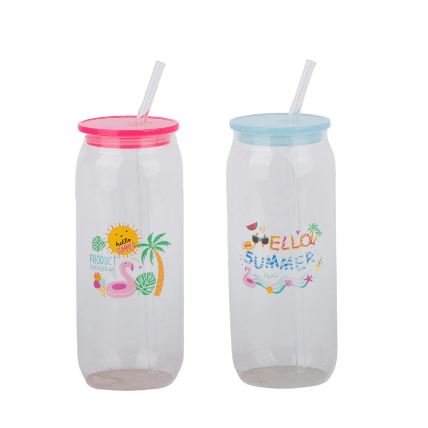 Borosilicate Glass Bottle with Glass Straw and Plastic Lid Decal Printing for Drinking Juice Milk Water