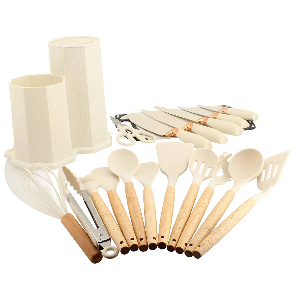 High Quality 19 Piece Silicone Kitchen Utensil Set with Wooden Handle and Cuttings Board Storage Bucket Kitchen Gadget Set
