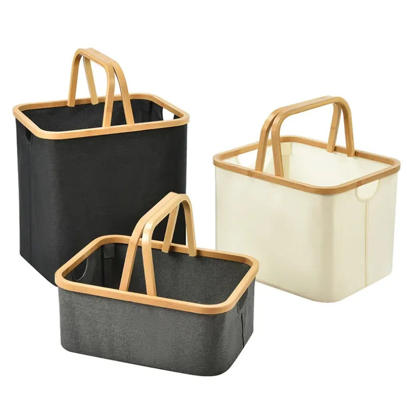 Hand-Held Storage Box Cross-Border Folding Storage Basket with Wooden Handle Dirty Clothes Basket