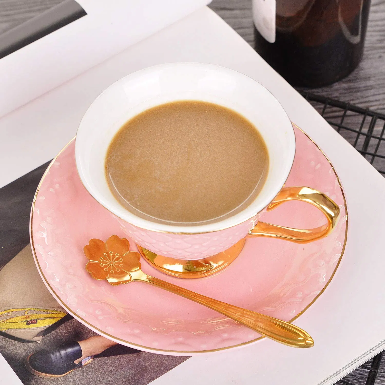 Blue Vintage Porcelain Coffee Tea Cup and Saucers Set with Decorative Pattern