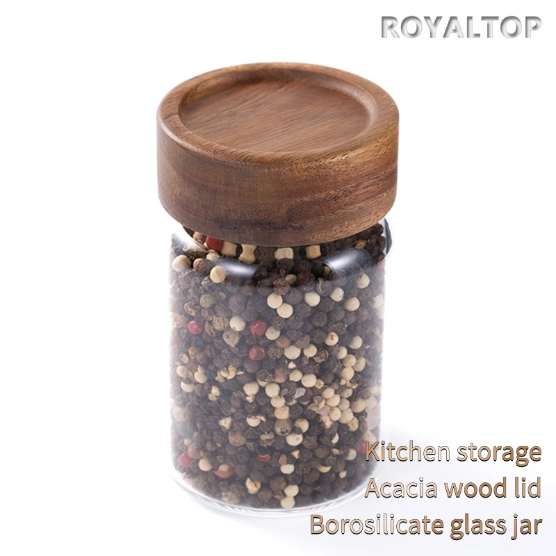 Kitchen Food Canister Container 180ml 500ml 1750ml Airtight Acacia Wood Lid Borosilicate Glass Storage Jars with Custom Logo