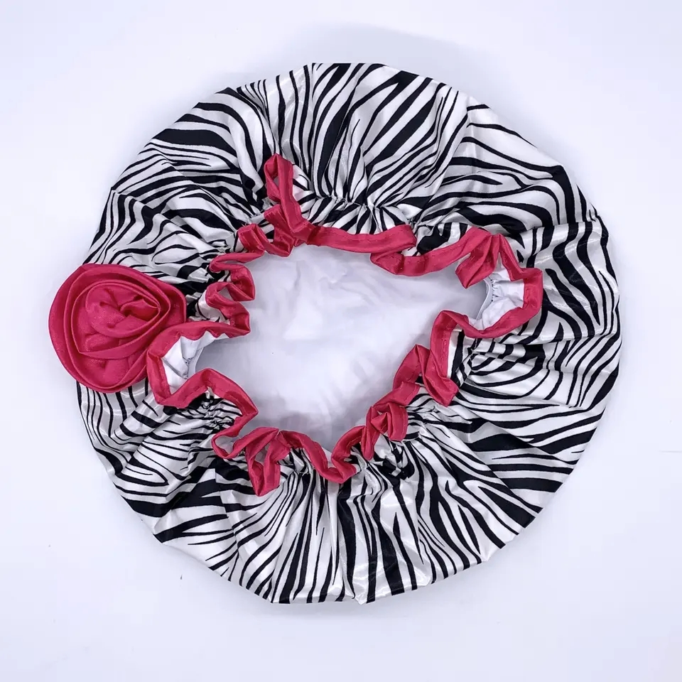 Zebra Printing Polyester Satin Fabric Double Layer Shower Caps with Flower