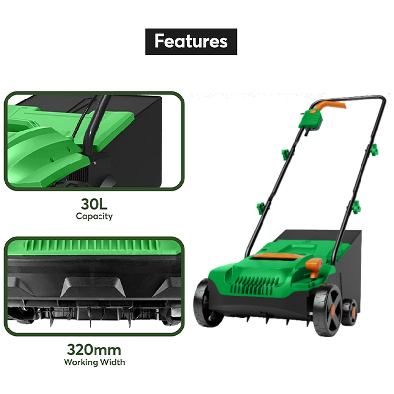 1500W Electric Raker & Scarifier 30L Lawn 32cm Working Width for Garden (ERS016-32)