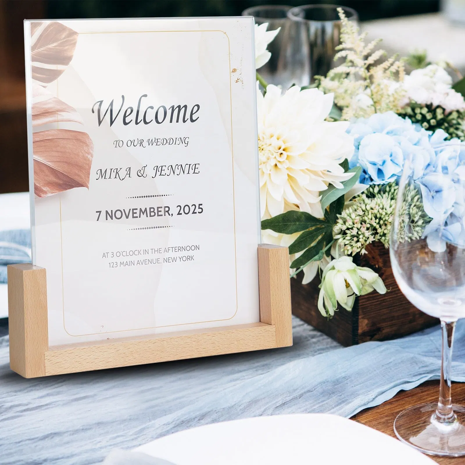 Custom Clear Acrylic Wedding Sign Menu Stand with Wooden Base