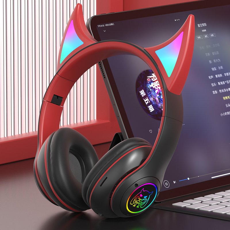 Anime Style Cat-Ears Shape Headband HiFi Wireless Bluetooth Headset TF Card Computer Mobile Game Headphone with RGB Light