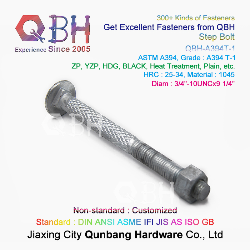 Qbh Customized ASTM A394-1 HDG Zp Yzp Plain Dacromet Geomet Carbon Steel Steel Structure Tower Carriage Knurl Round Head Double Step Bolt and & Nut Assembly