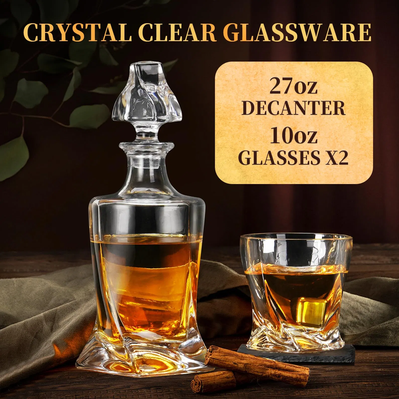 Wholesale Custom Logo Twisted Bourbon Whiskey Decanter Gift Set with Handcrafted Wooden Box