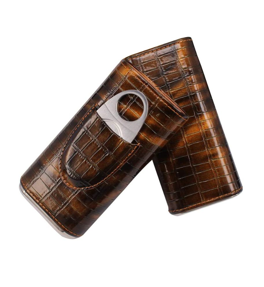 Brown Travel Cigar Case 3- Finger Elegant Leather Pouch Cigar Humidor