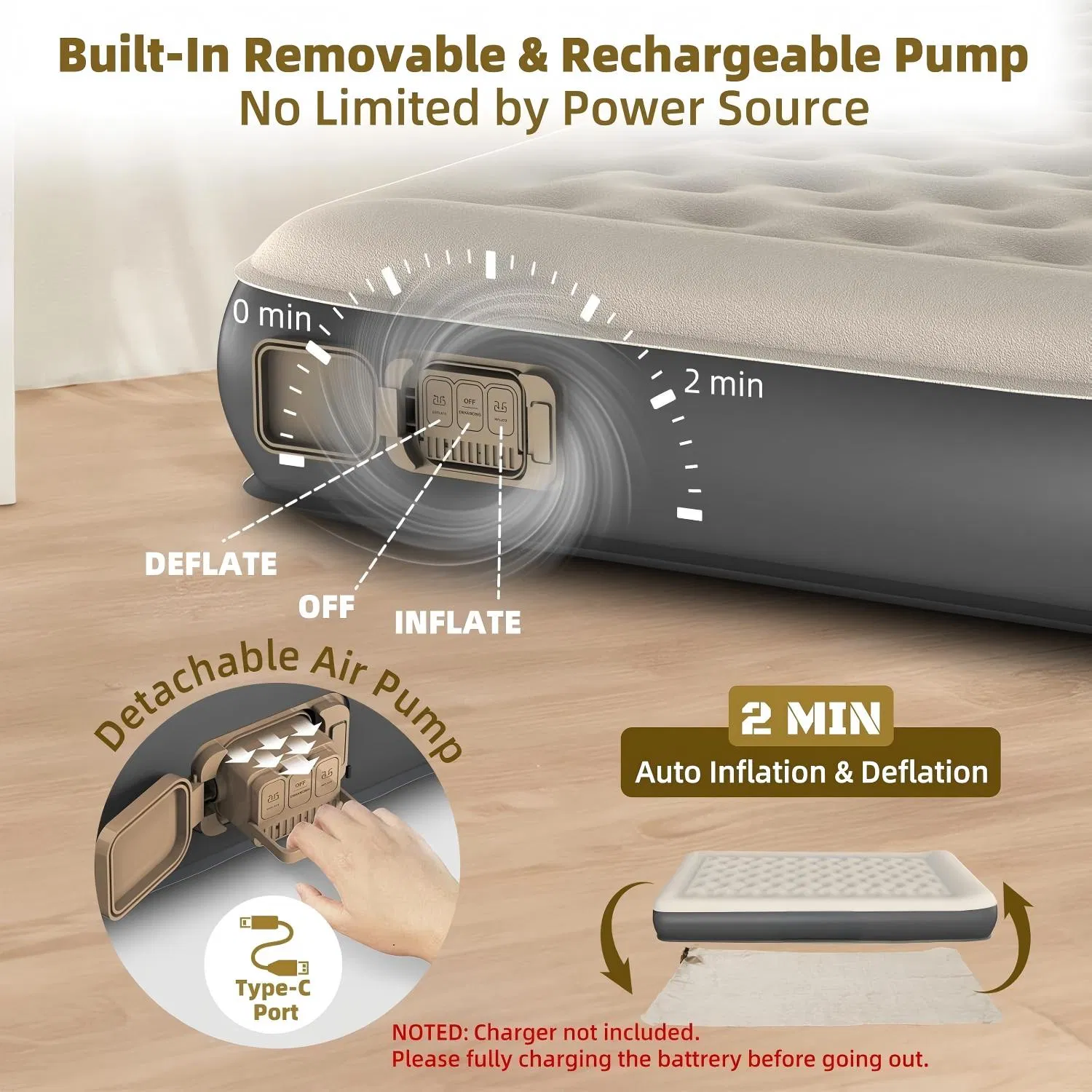 TPU Twin Air Mattress with Rechargeable Built-in Pump Suede Fabric Inflatable Bed with Built-in Pillow for Home & Camping