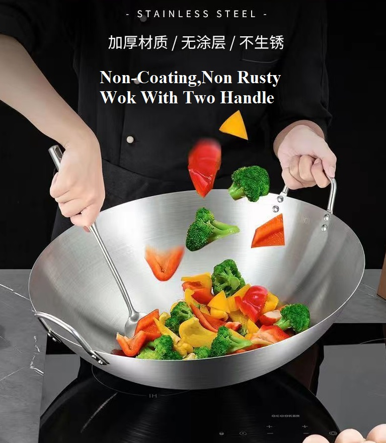 Thickened Stainless Steel Wok Pan Dual-Handled Frying Pan for Chinese Style Stir-Fry, Restaurant, Stove Top