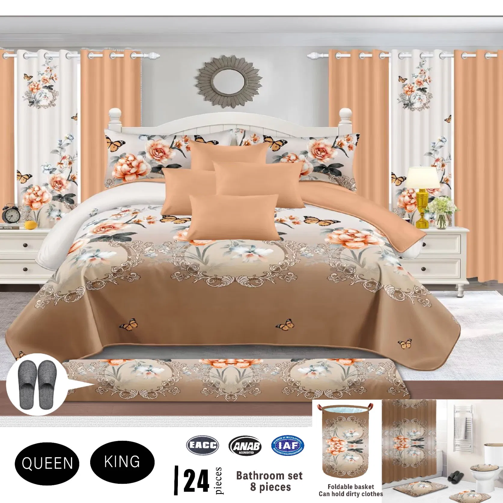 Blue Bathroom 8PCS Suite ODM/OEM Home Textile Printed 24 Pieces Bedding Set Polyester Bed Cover High End Quilted Bed Sheets Bedspread with Curtains Wholesaler