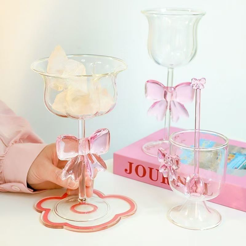 OEM Ins Creative Pink Bow Champagne Glasses Drinking Glass Cup Cute Light Luxury Fairy Glass Wine Cup
