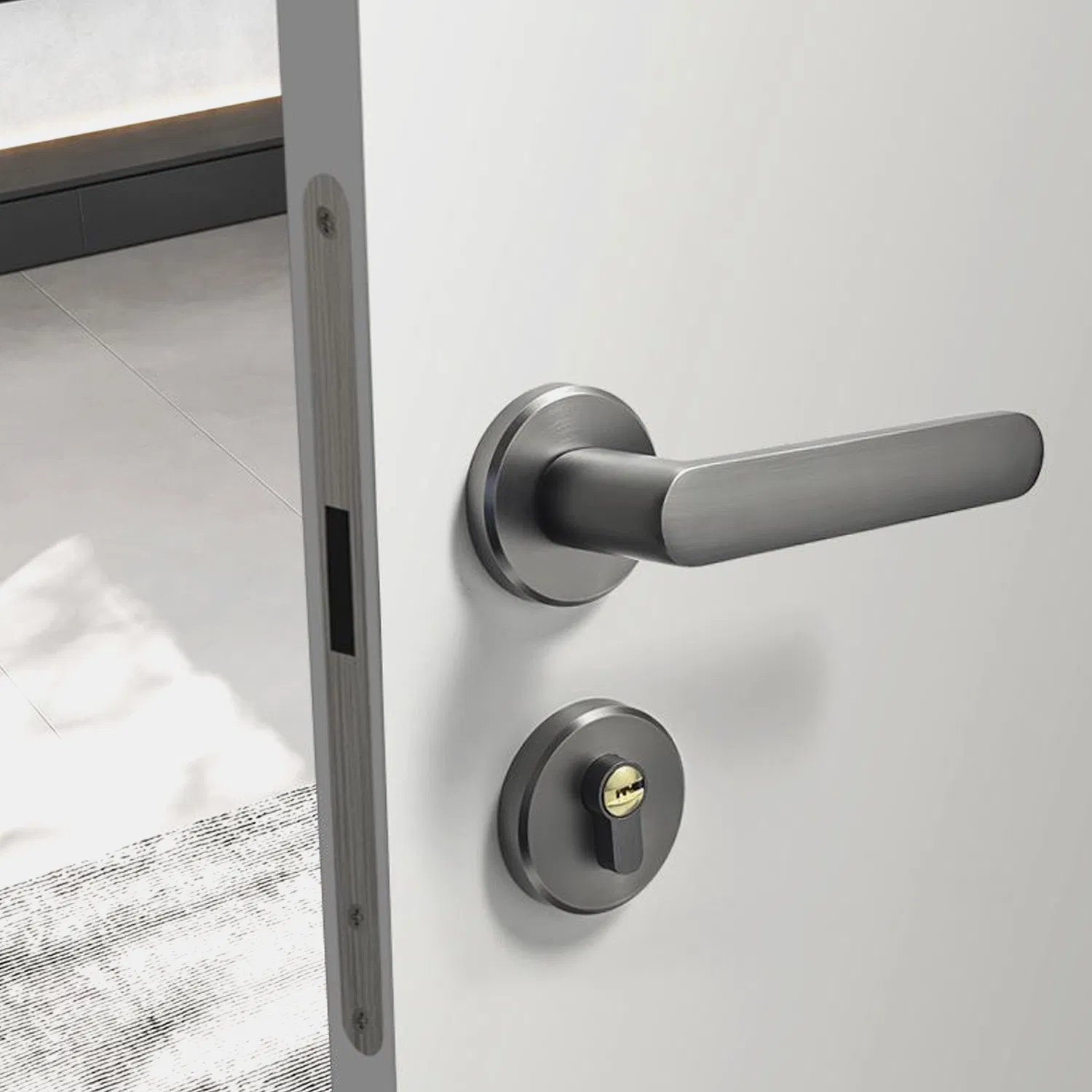 Modern Minimalist Style Bedroom Door Lever Handle Interior Gray Door Lock Wooden Furniture Handle Hotel Door Lock
