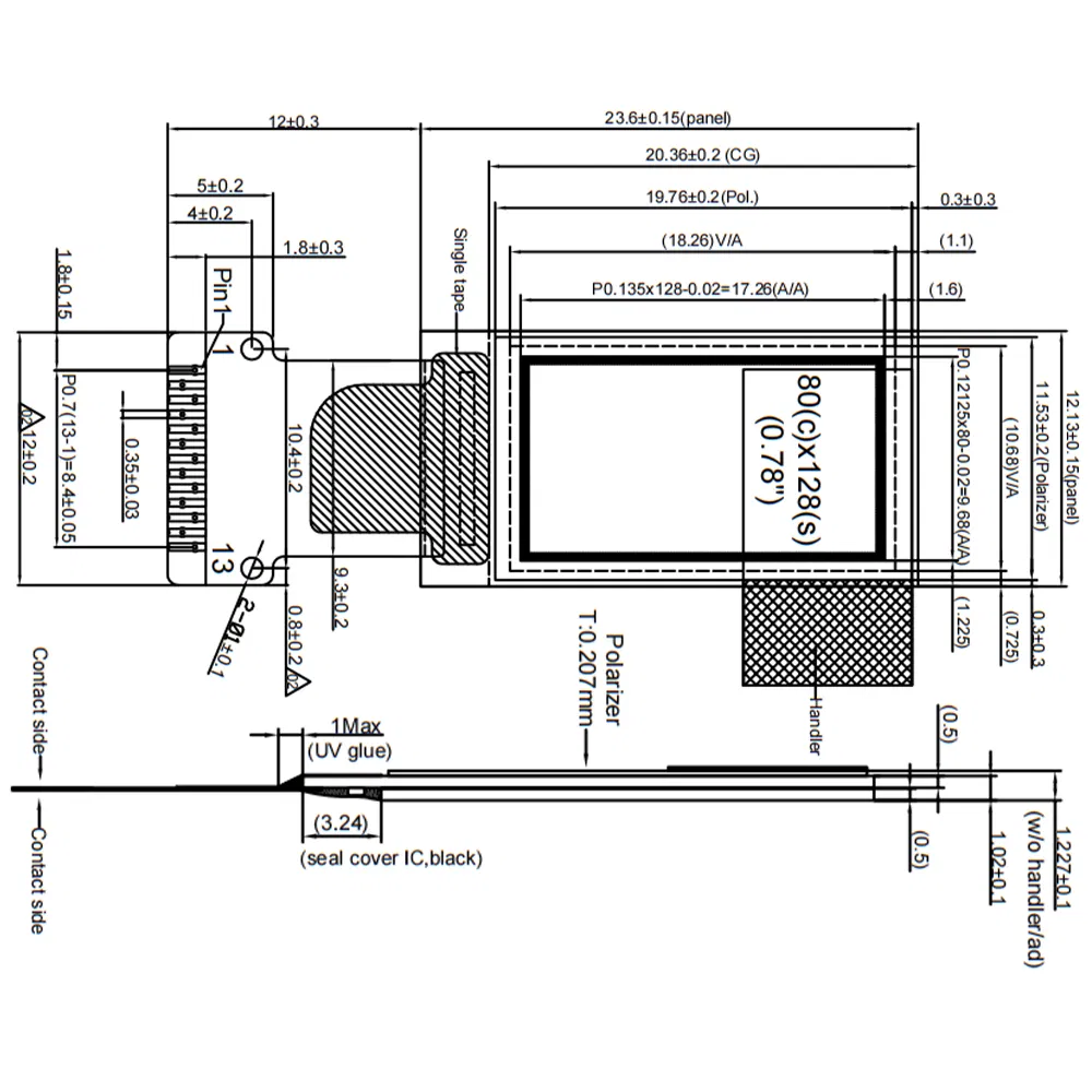 0.78 Inch 80*128 OLED Display Sh1107 Driver Monochrome LCD Module