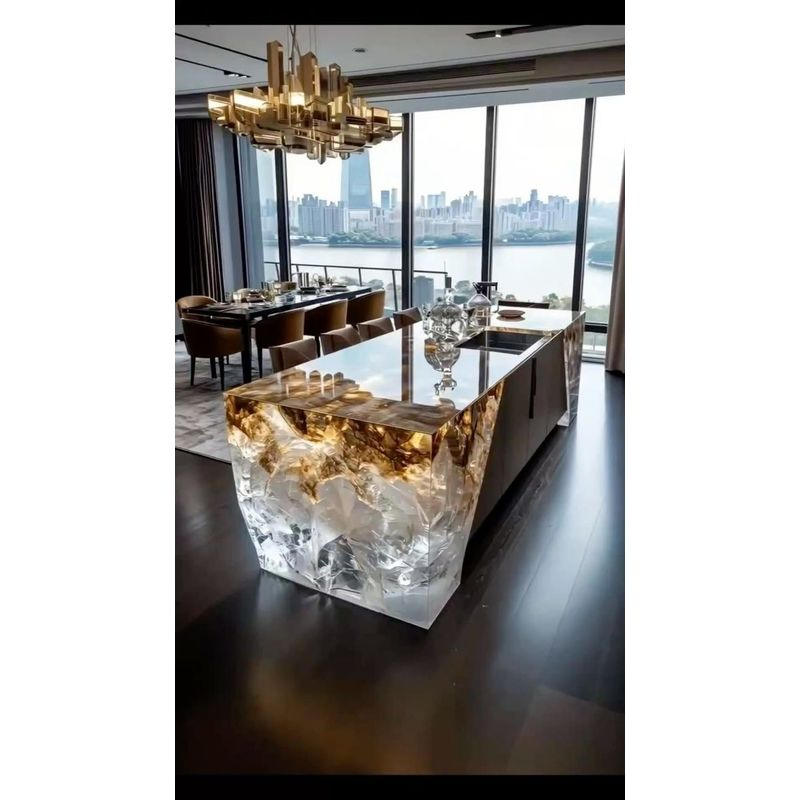 Popular Plywood Lacquered Extra Modern High Quality Distinguished Approach Kitchen Cabinet with Modern Marble Island
