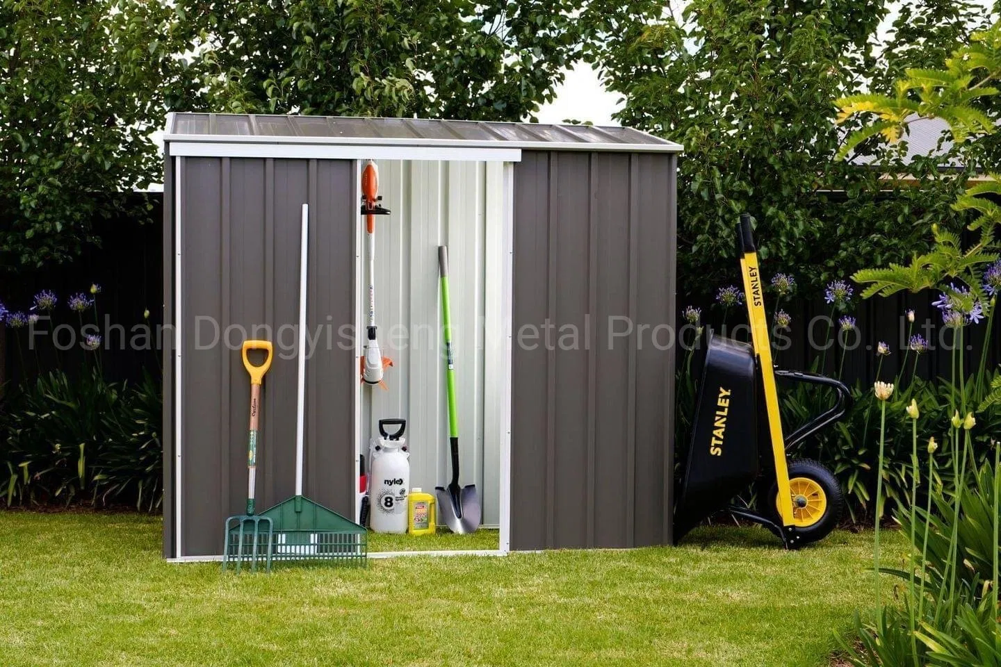 Easy Assembling Steel Panel Garden Shed Tool Kit Storage House with Flat Pent Roof and Double Sliding Doors RDS2618-G2