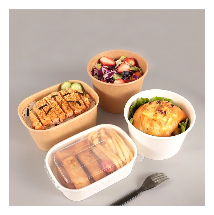 Disposable Oil Resistant Round 24oz Fast Food Take Away Containers Food Grade White Rectangular Square Kraft Salad Paper Bowl