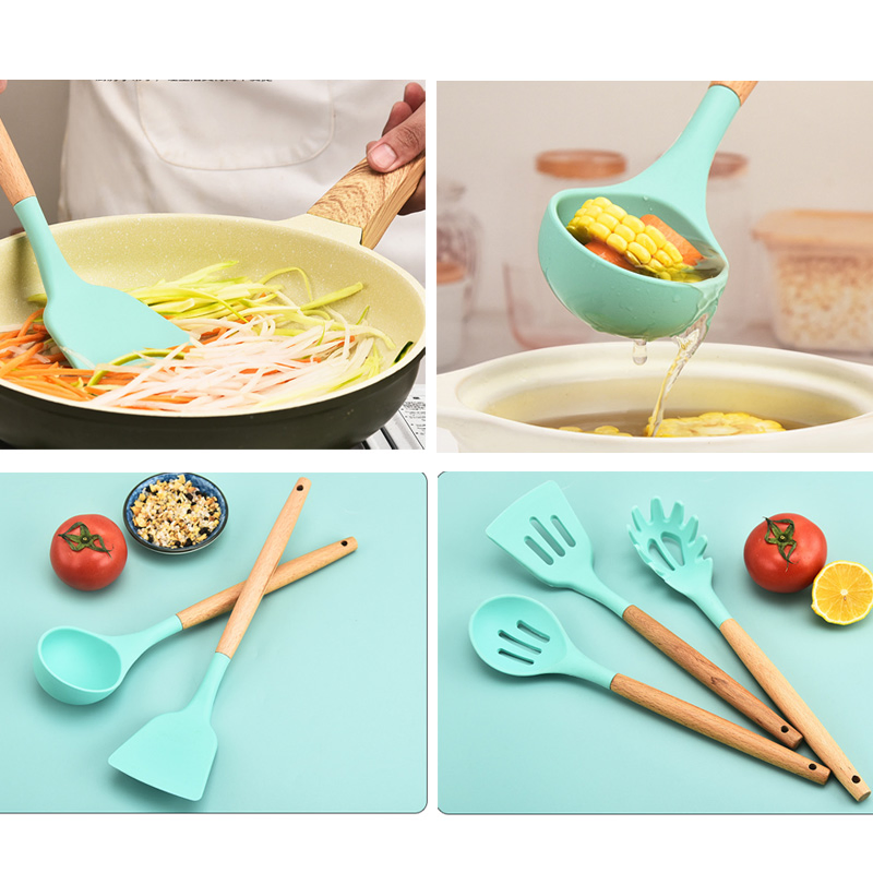 Silicone Kitchenware Utensils Cooking Set 12-Piece with Holder with Wooden Handle (PHBY-0005)
