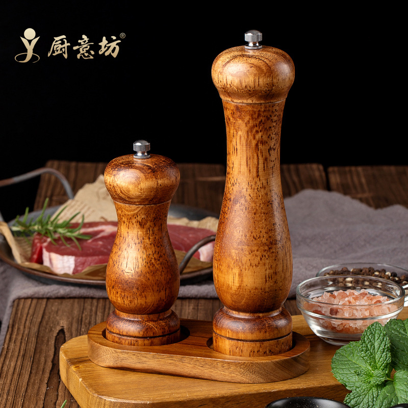 Wooden Salt and Pepper Grinder Set, Acacia Wood Salt and Pepper Grinders Refillable,Pepper Mill with Adjustable Coarseness,Salt and Pepper Grinders Shaker Table