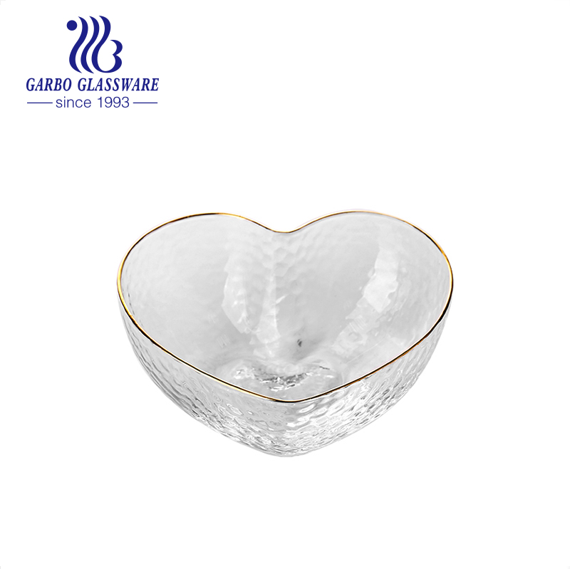 Elegant Hand Made Heart Shaped Bowl Glass Fruit Salad Bowl with Gold Rim