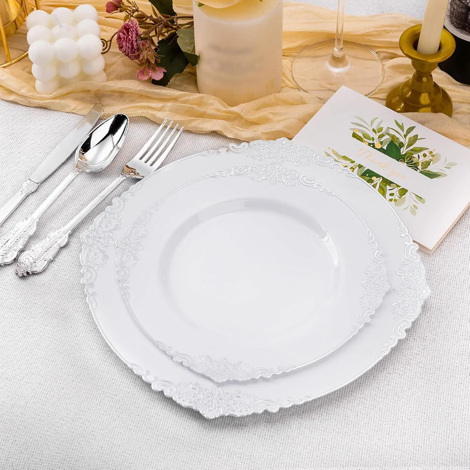 White and Vintage Silver Disposable Plastic Plates Dinnerware