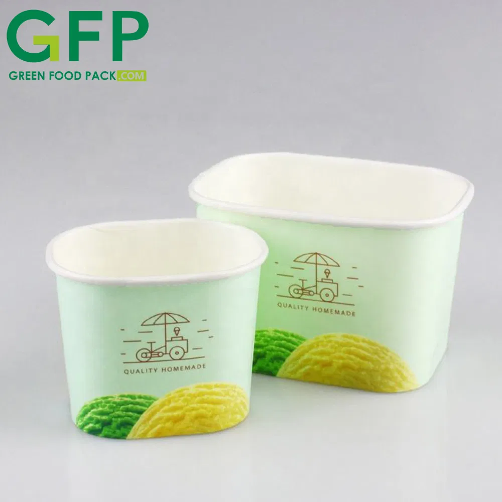 Disposable Biodegradable Square Ice Cream Paper Cup Gelato Food Container Rectangle Shape Paper Cup with Plastic Lid