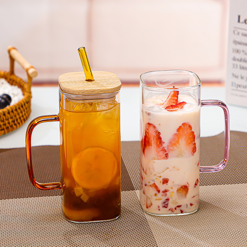 Clear Drinkware Iced Coffee Tea Mug Drinking Square Glass Cup with Lid Straw Handle