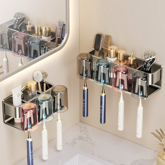 No-Drill Wall-Mounted Bathroom Toothbrush Holder, Household Storage Rack