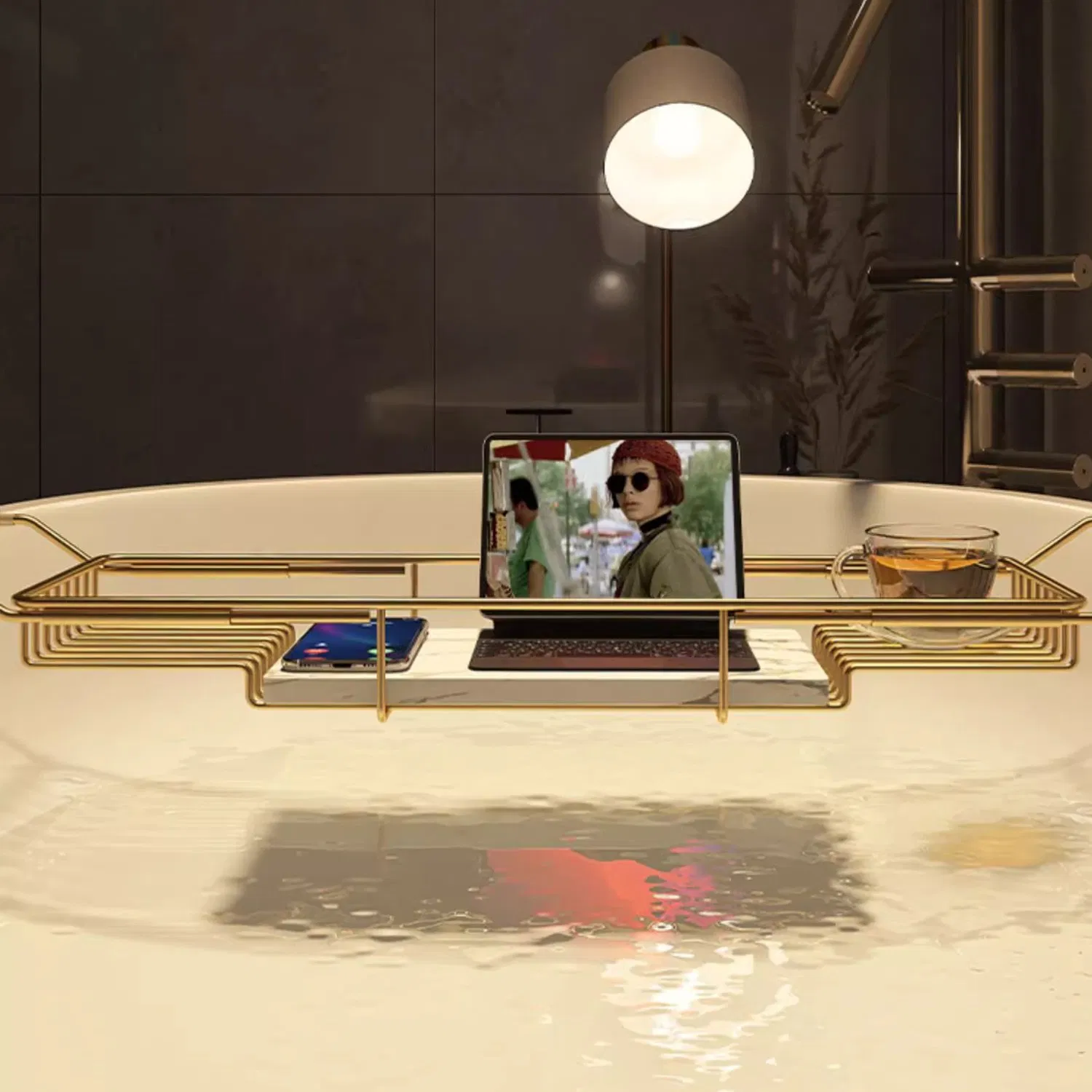 Gold Bathroom Accessories Bathtub Caddy Tray with Holder