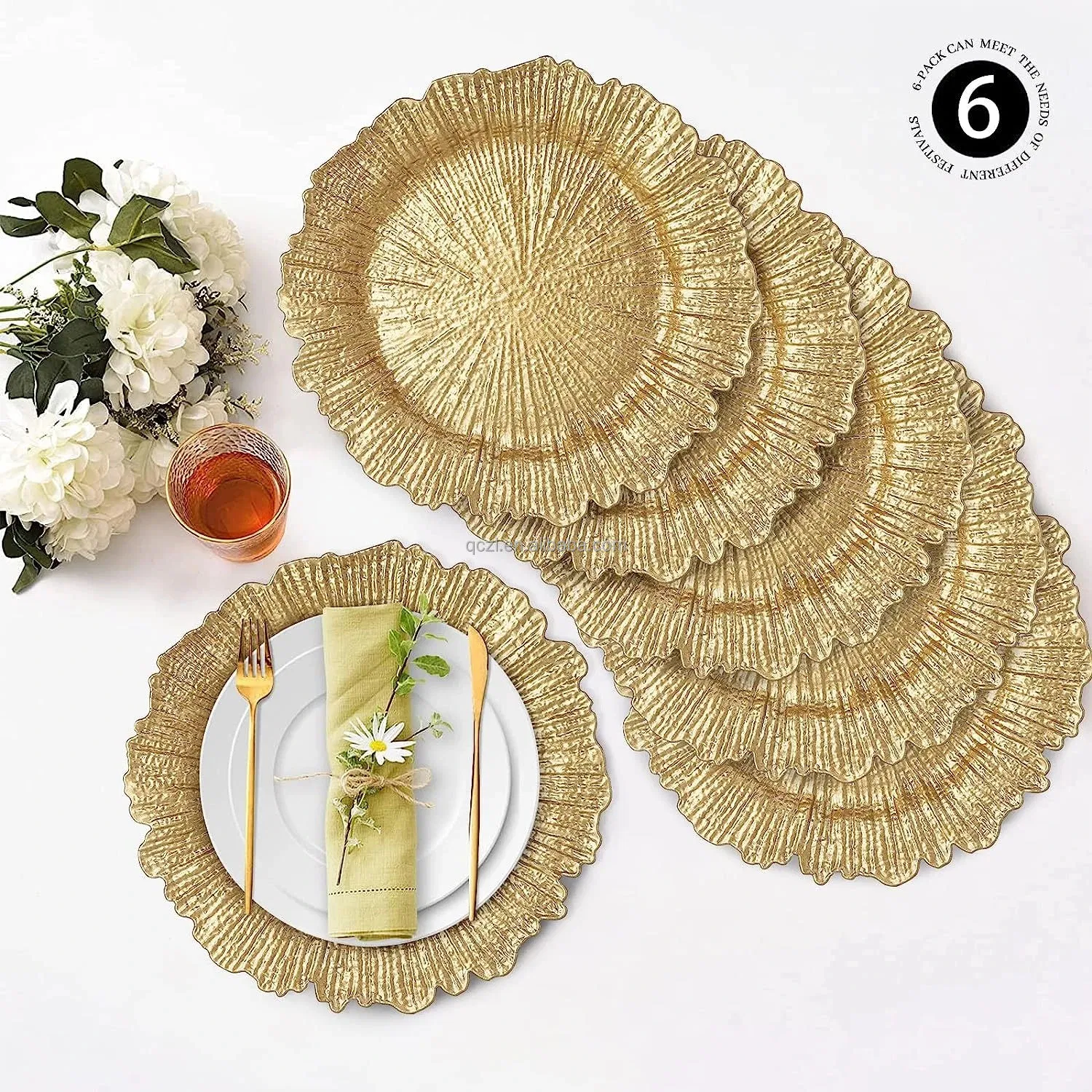 Gold Chargers Plastic Gold Beaded Floral Charger Plates Wedding Plates Bulk for Dinner