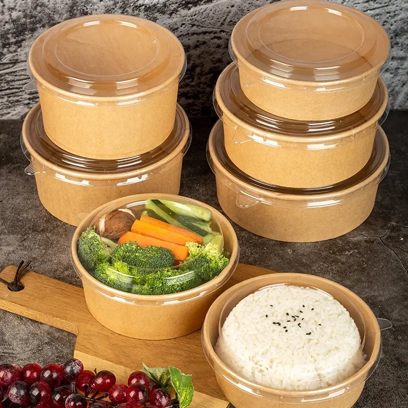 Eco Friendly Disposable Take Away Kraft Paper Salad Bowl with Lid
