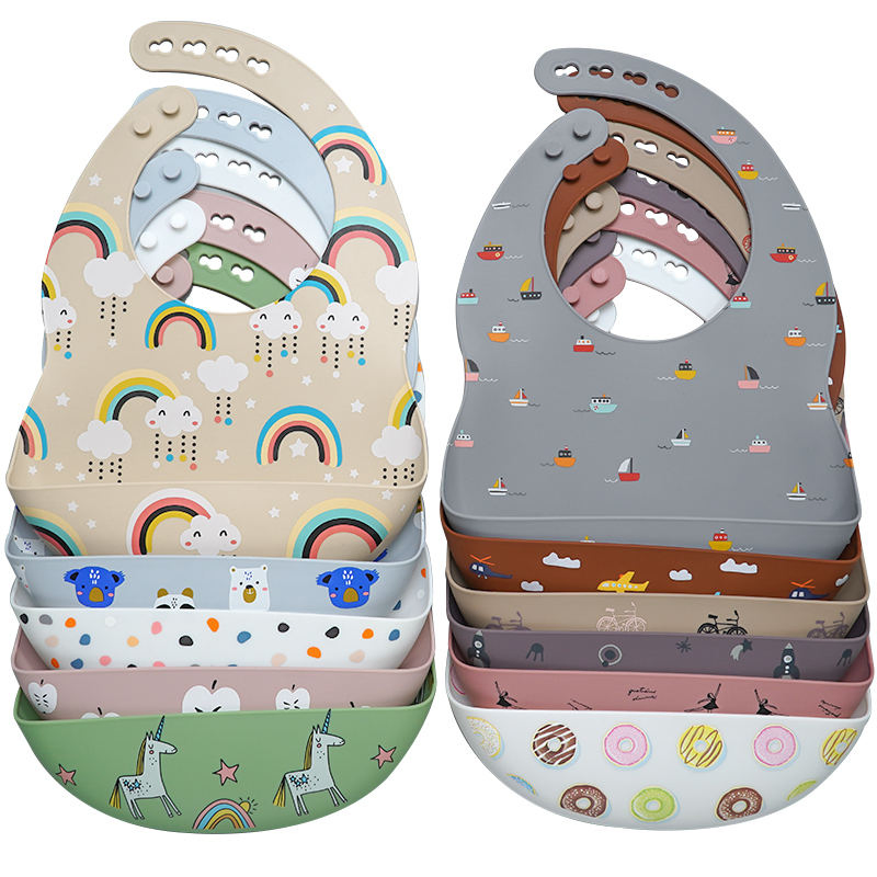 New Baby Item Product Wholesale Printing Silicone Feeding Bibs