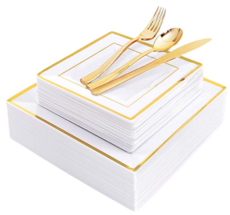 Rose Gold Rim Square Dinnerware Set Dinner Plastic Plates Dessert Plates Plastic Cups Linen Like Paper Napkins