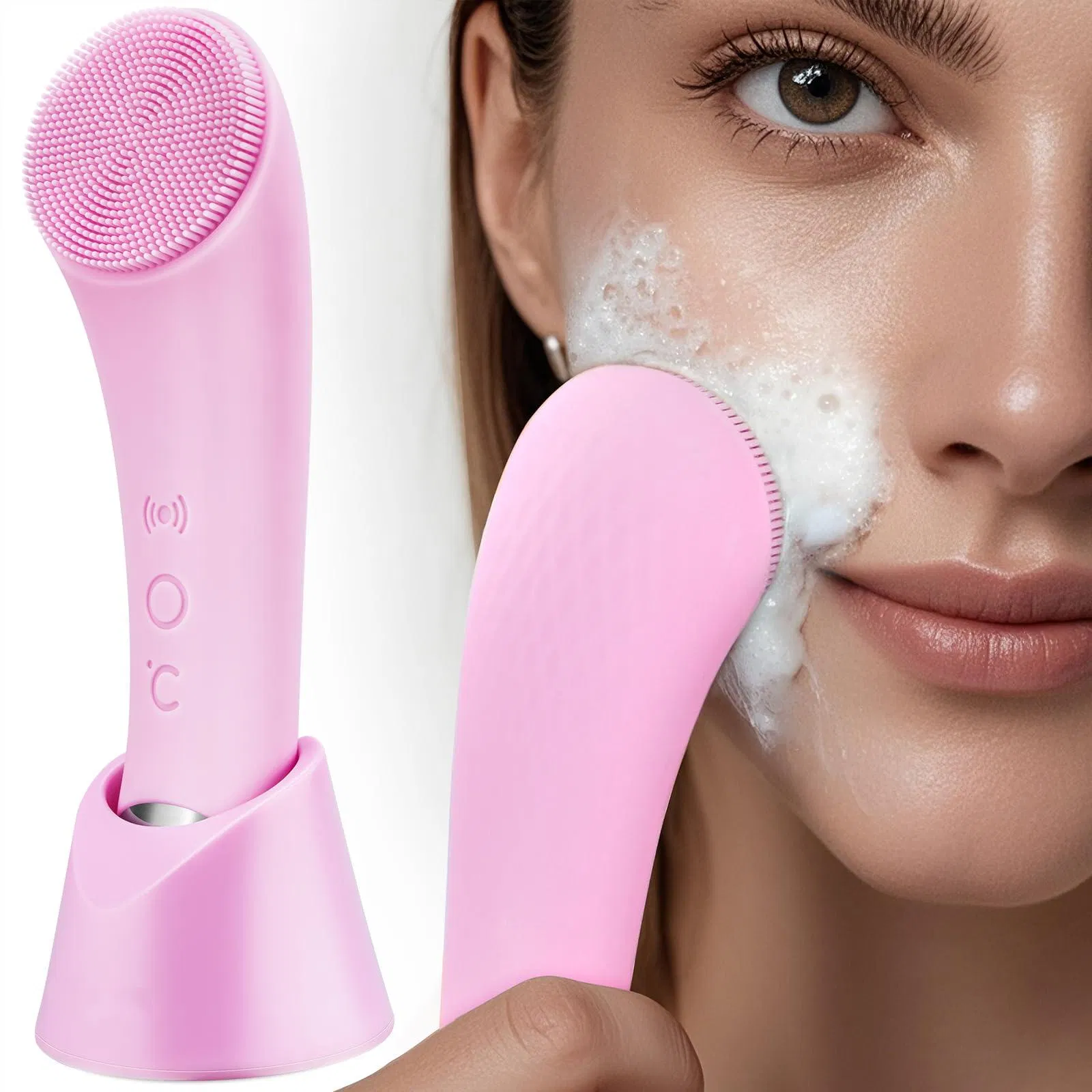 Heat Massage Vibrating Exfoliator Waterproof Facial Cleansing Brush, Rechargeable Silicone Face Scrubber