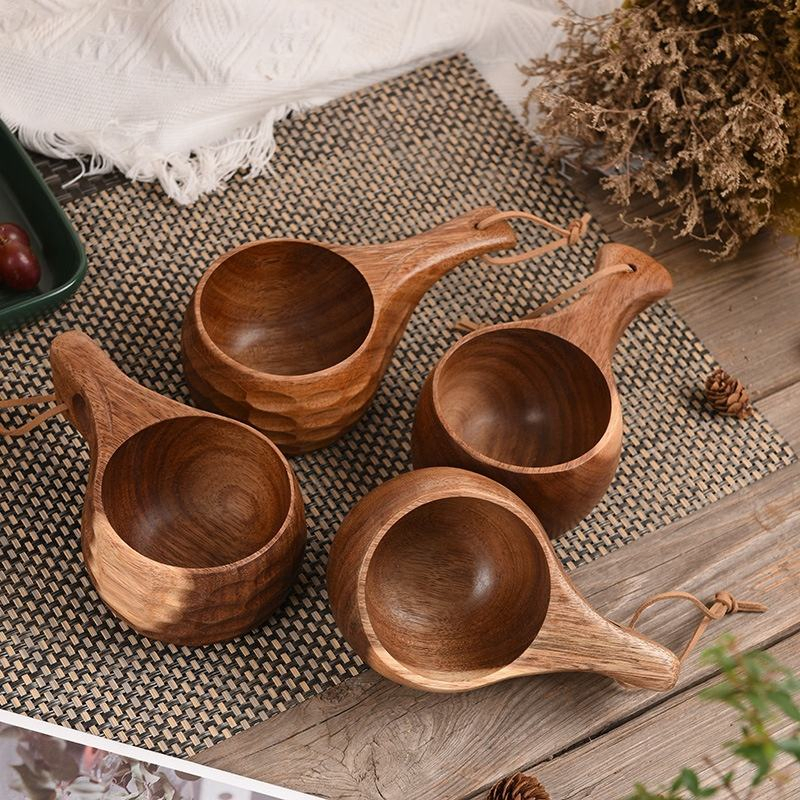 Handmade 240ml Classic Portable Wooden Coffee Milk Tea Cup with Rope for Home