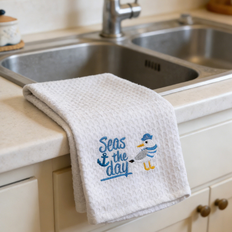 Custom Embroidery Logo Tea Towel Ocean Theme Turtle Beach Souvenir Kitchen Cotton Tea Towels