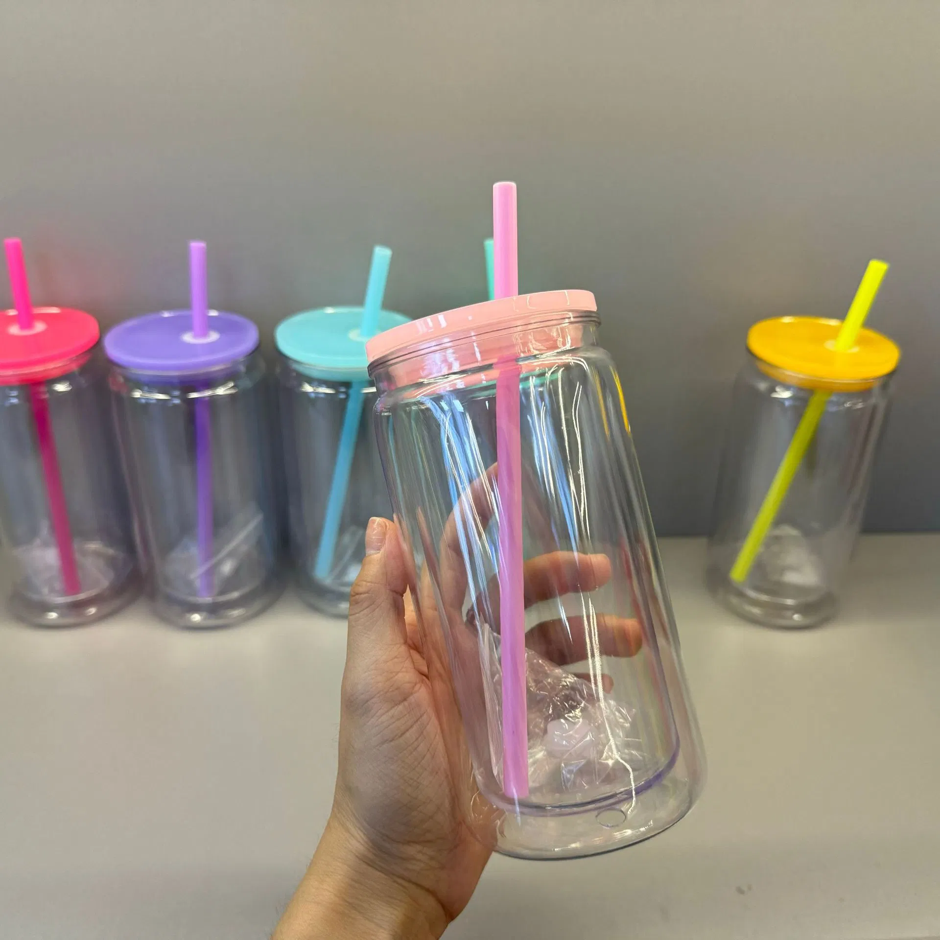 16oz Double Wall Snow Globe Plastic Tumbler Pre-Drilled Hole with Colored Lids and Straw