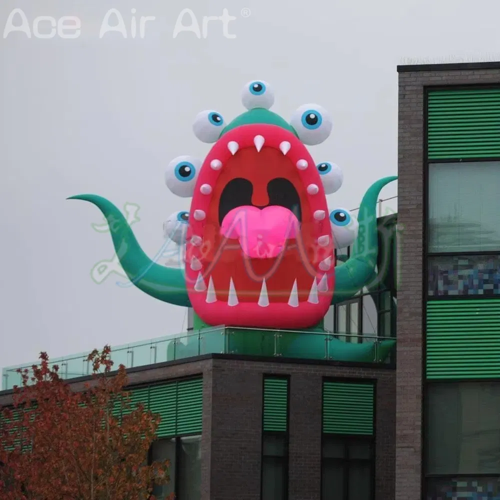 Giant 6mh Inflatable Cartoon Monster Eye with Red Tongue for Roof Halloween Party Festival Decoration