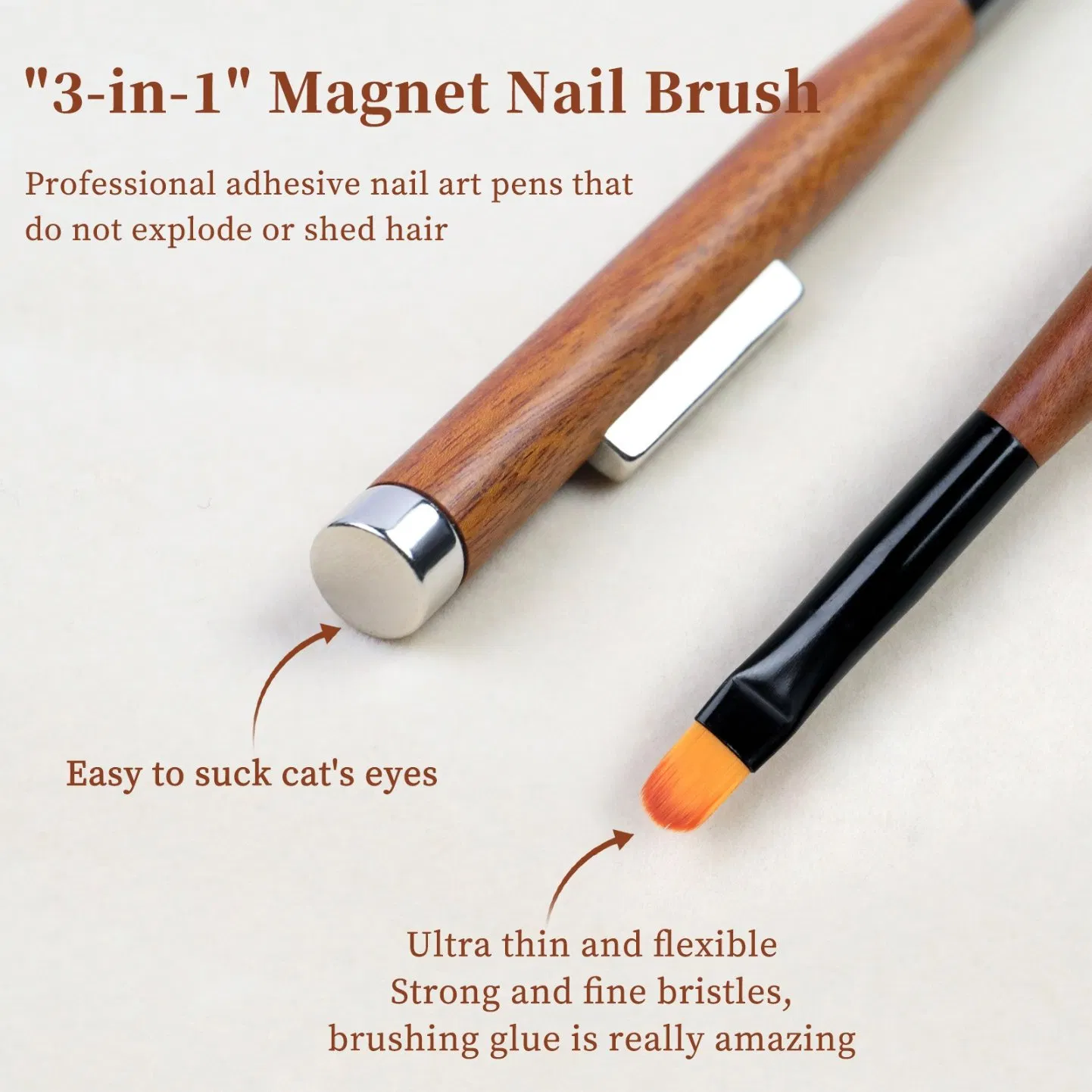 New 3 in 1 Strong Magnet Nail Brush Sandalwood Dual Head Ultra Thin Phototherapy Pen Multi-Function Cat Eye Magnet Nail Art Tools