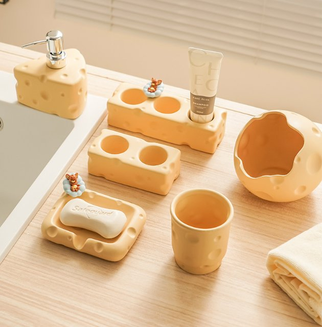 Cute Cheese-Shaped Ceramic Mouthwash Cup Premium Toothbrush Cup for Bathroom Sink